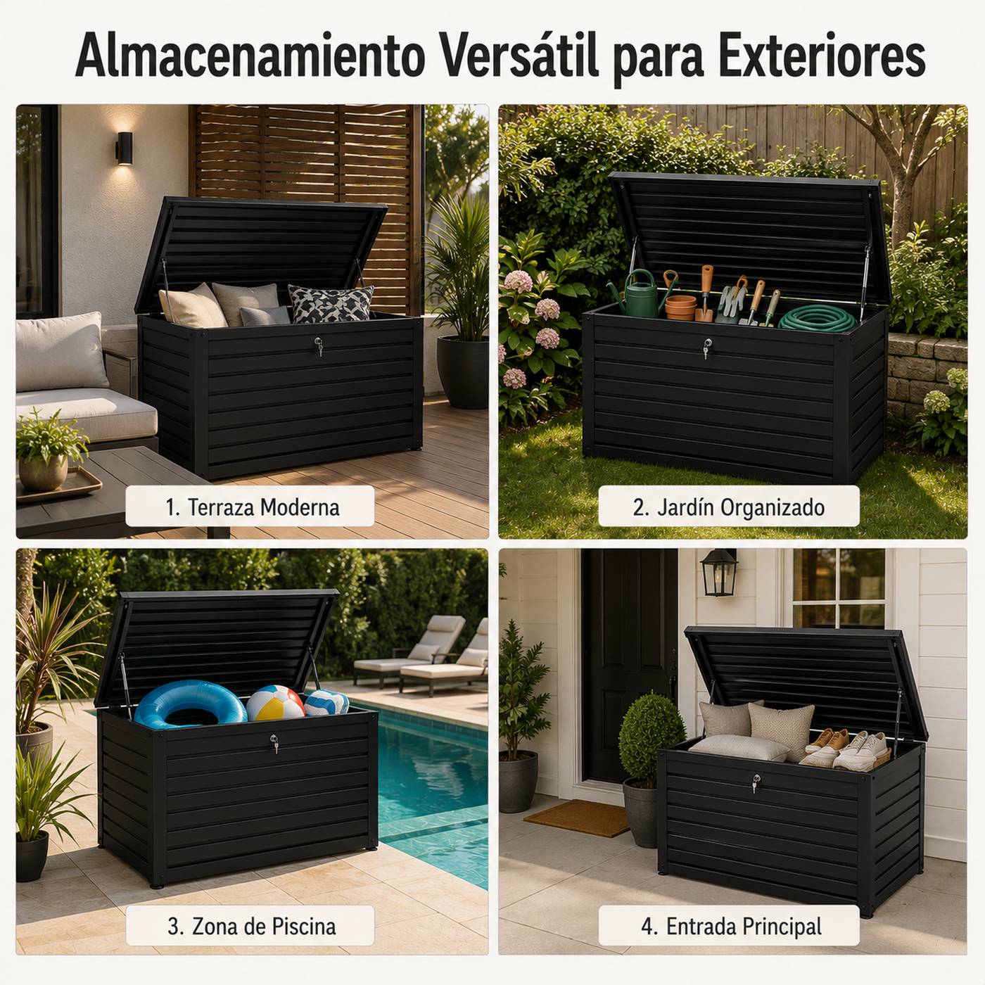 Cuatro escenas muestran un baúl de almacenamiento negro para exteriores lleno de cojines, herramientas, accesorios de piscina y zapatos.