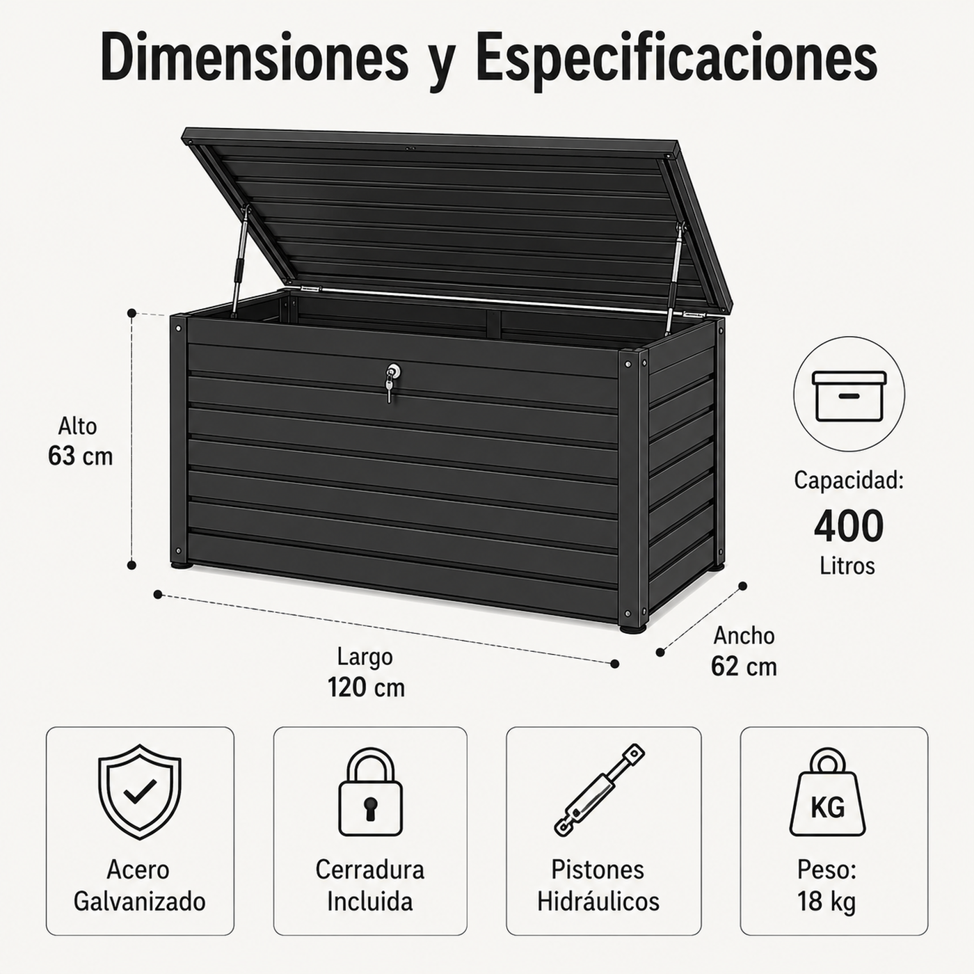 Caja de almacenamiento negra: 120x62x63 cm, 400 litros, acero galvanizado.