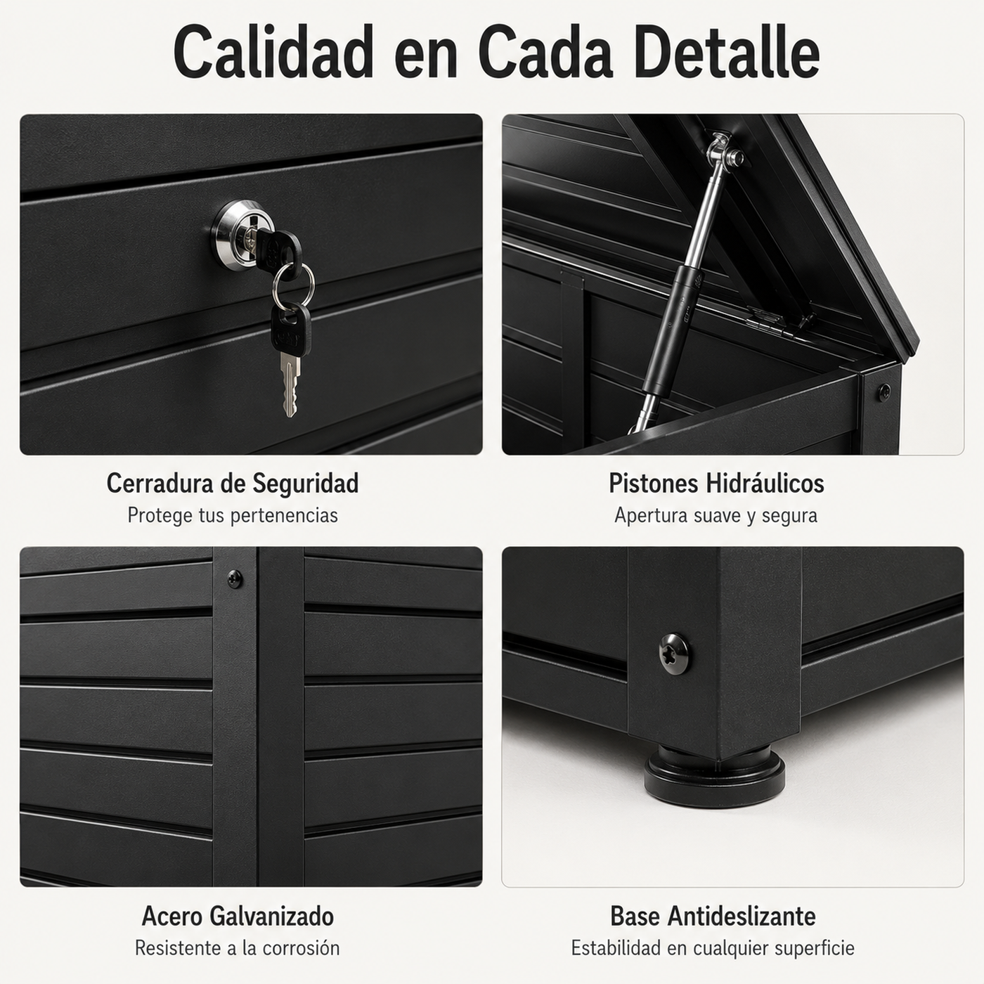 Detalles de un arcón de almacenamiento negro: cerradura, pistones, acero y base.