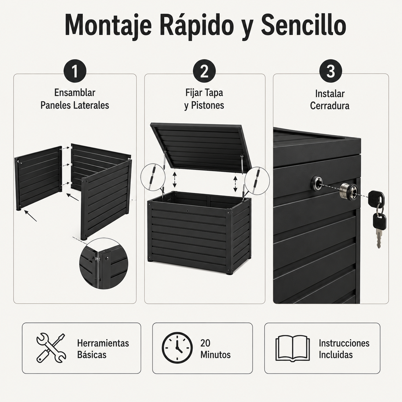 Instrucciones de montaje de caja negra: 1. Paneles laterales. 2. Tapa y pistones. 3. Cerradura.