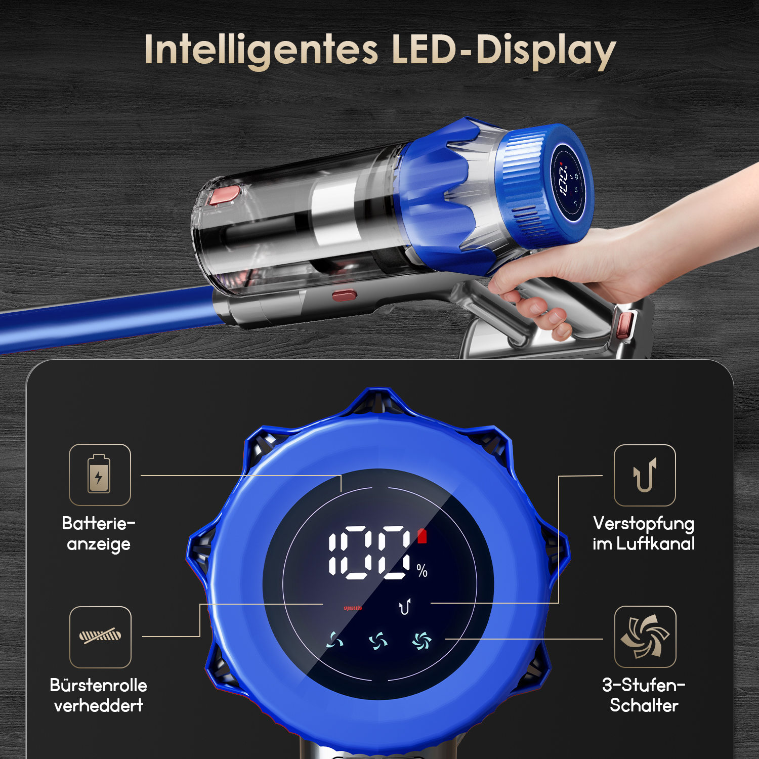 Hand hält blauen Staubsauger mit LED-Display, das Batterie, Verstopfung & Stufen anzeigt.