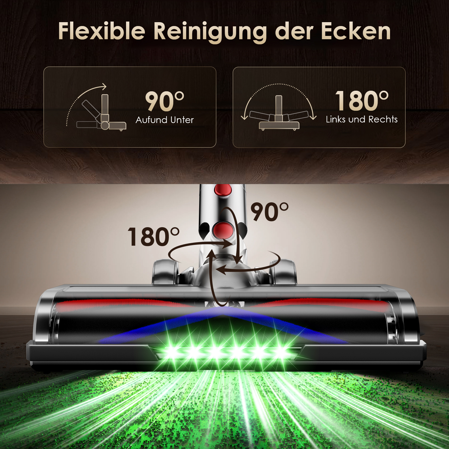 Bodenreinigungsbürste mit LED-Lichtern und flexibler 90°/180° Winkelverstellung.