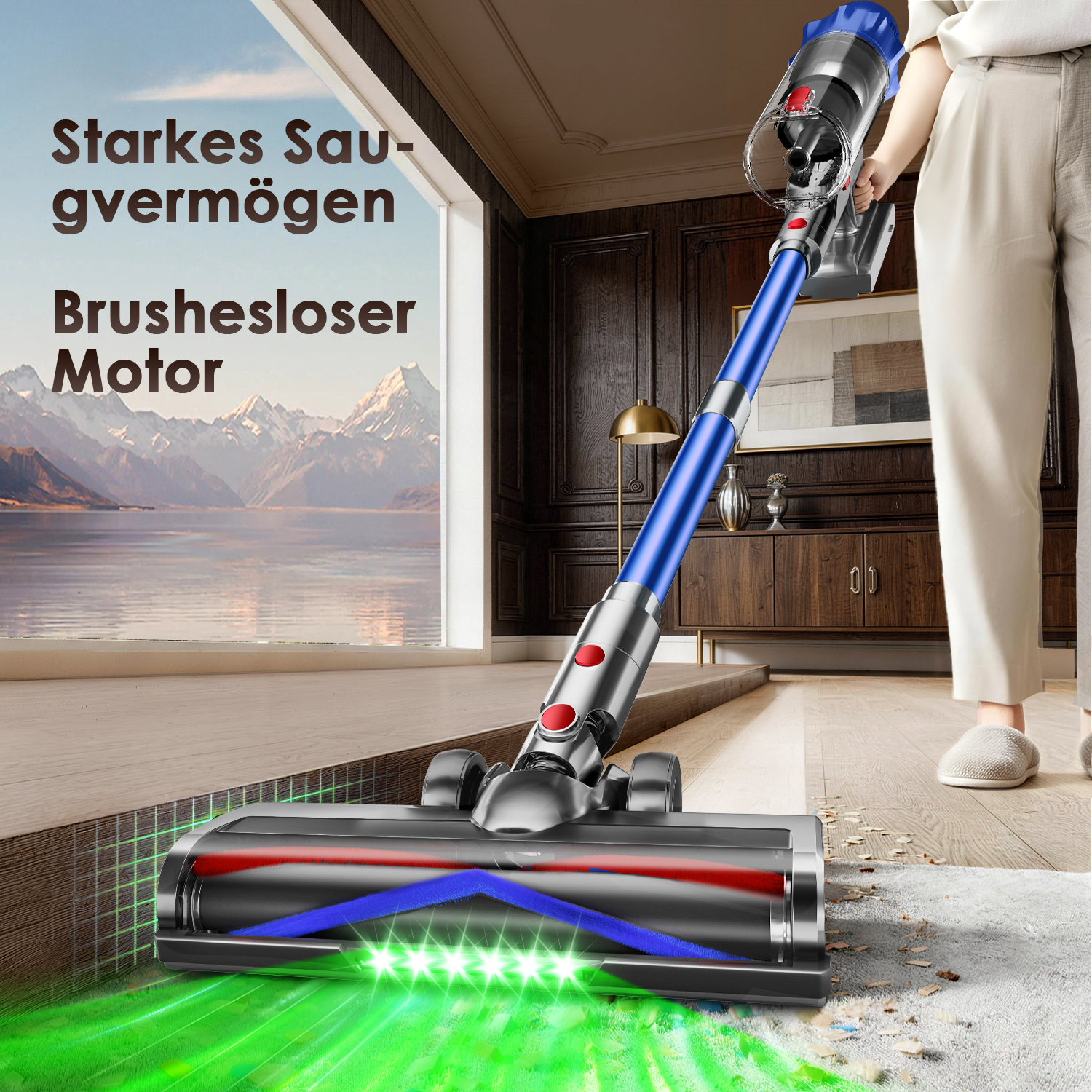 Ein blauer kabelloser Staubsauger reinigt einen Teppich mit grünem Licht.