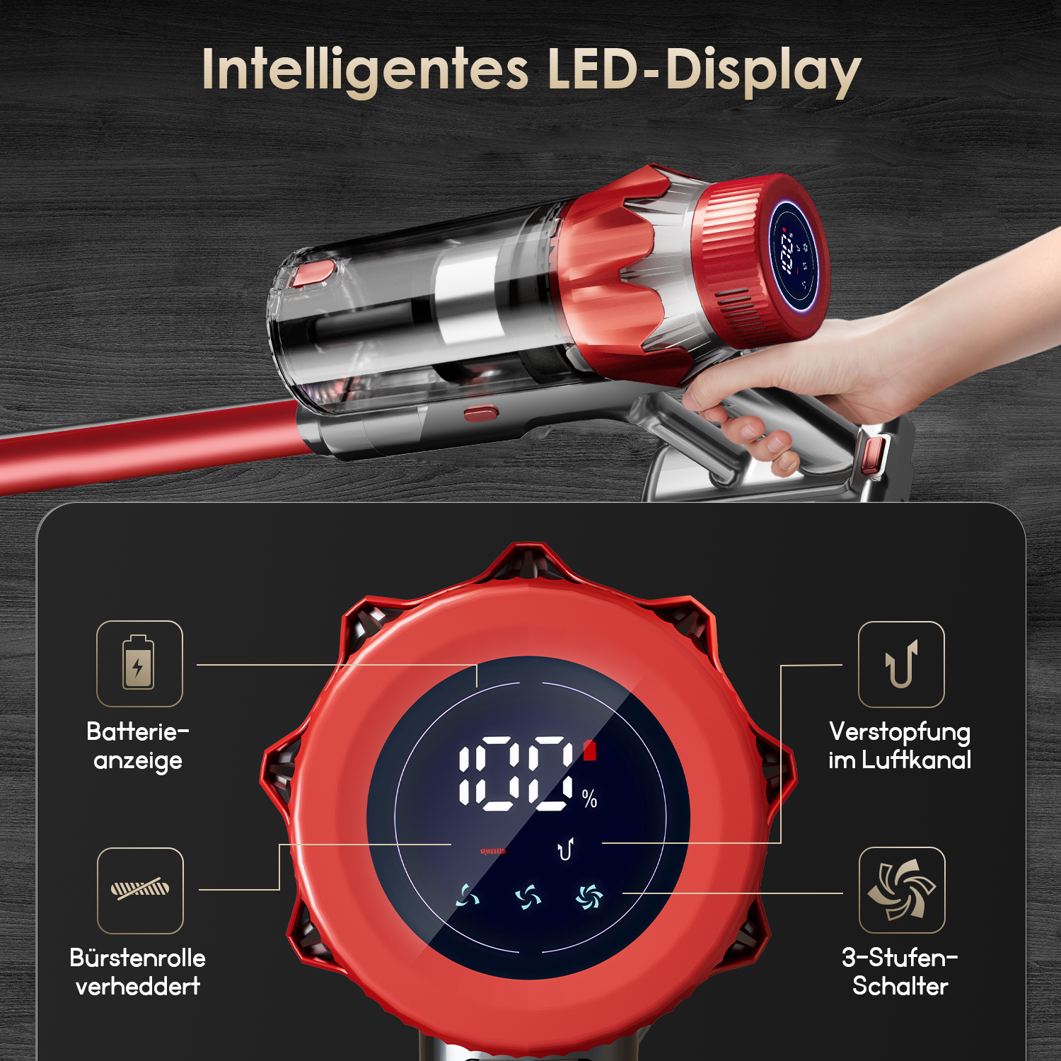 Roter Staubsauger mit LED-Anzeige zeigt 100% Akku, Luftstrom und Bürstenstatus.