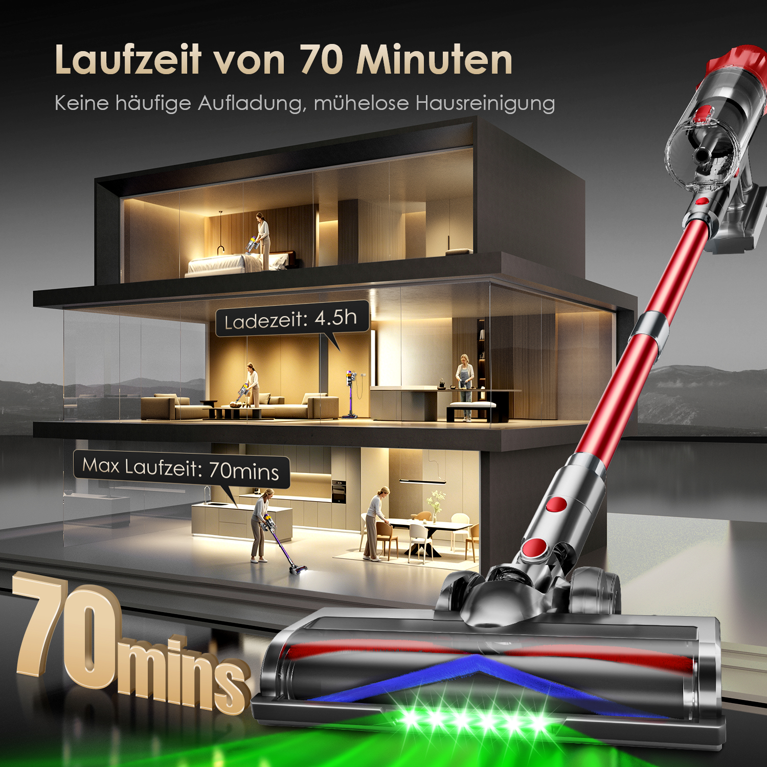Ein roter Handstaubsauger mit 70 Minuten Laufzeit wird vor einem Haus mit mehreren Etagen gezeigt.