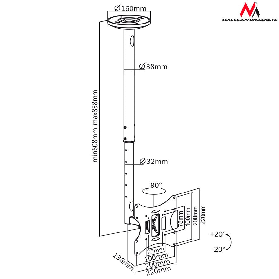 Dibujo técnico de un soporte de techo con dimensiones y ángulos de inclinación.