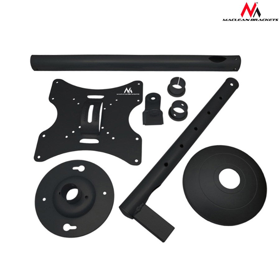 Partes de soporte de TV de metal negro, incluyendo placa de pared, poste y base.