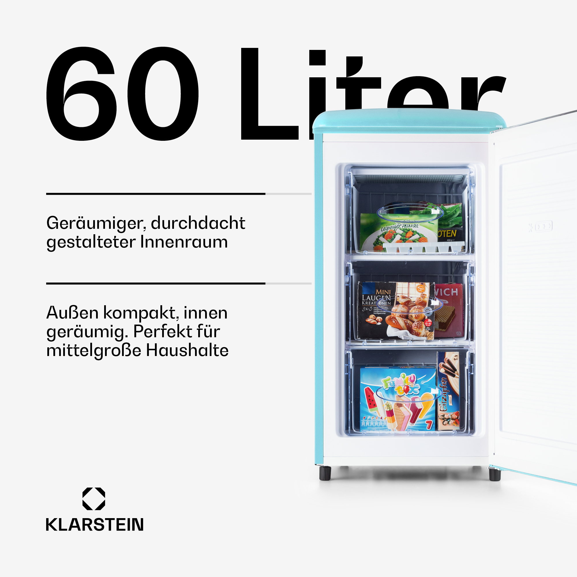 Ein blauer 60-Liter-Gefrierschrank mit drei Schubladen gefüllt mit Lebensmitteln.