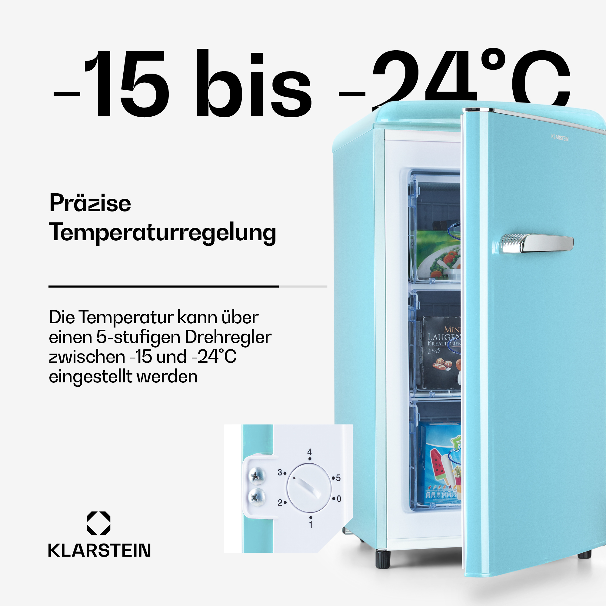 Un modelo de frigorífico retro azul claro con la puerta abierta, que muestra -15 a -24°C.