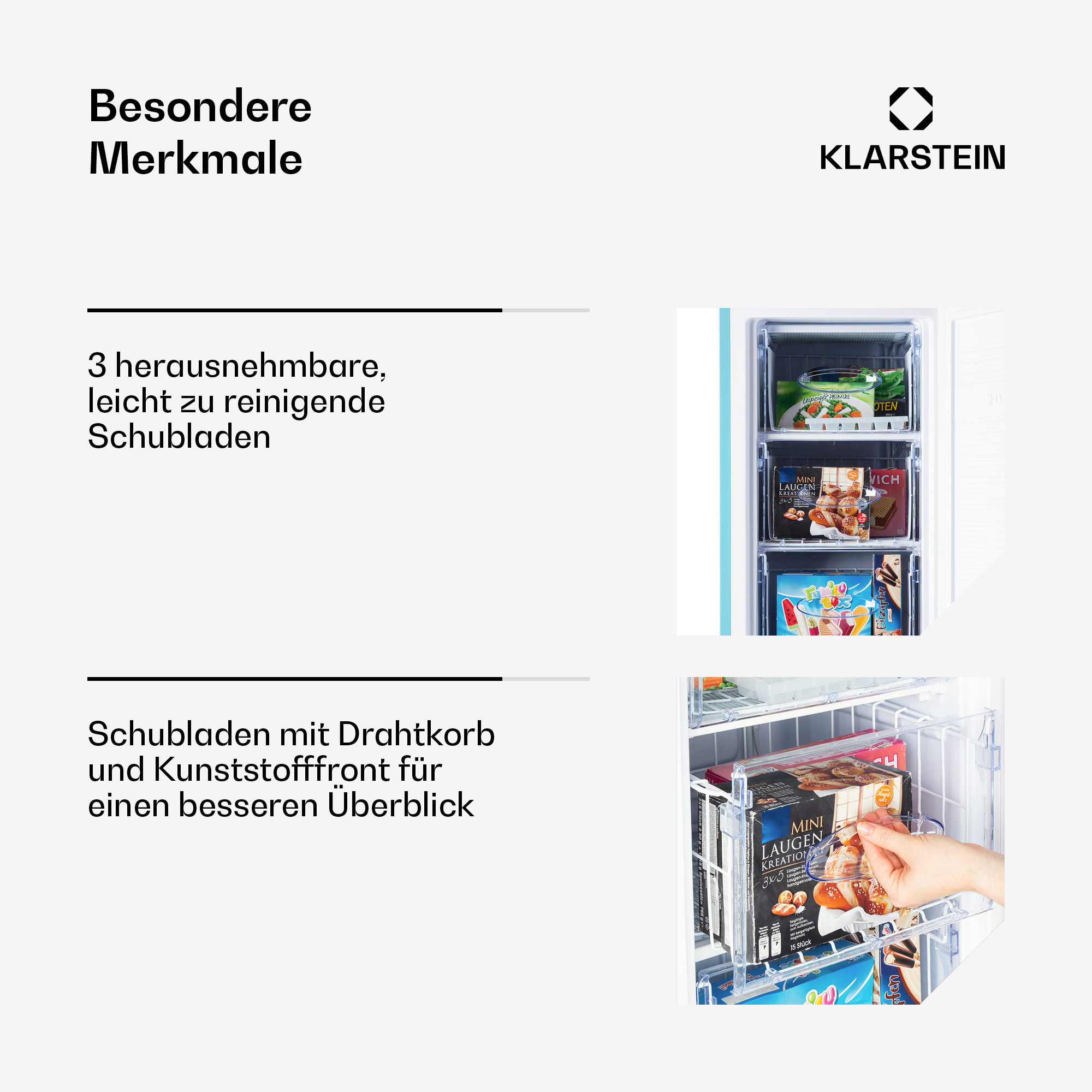 Klarstein Kühlschrank mit gefrorenen Lebensmitteln in Schubladen.
