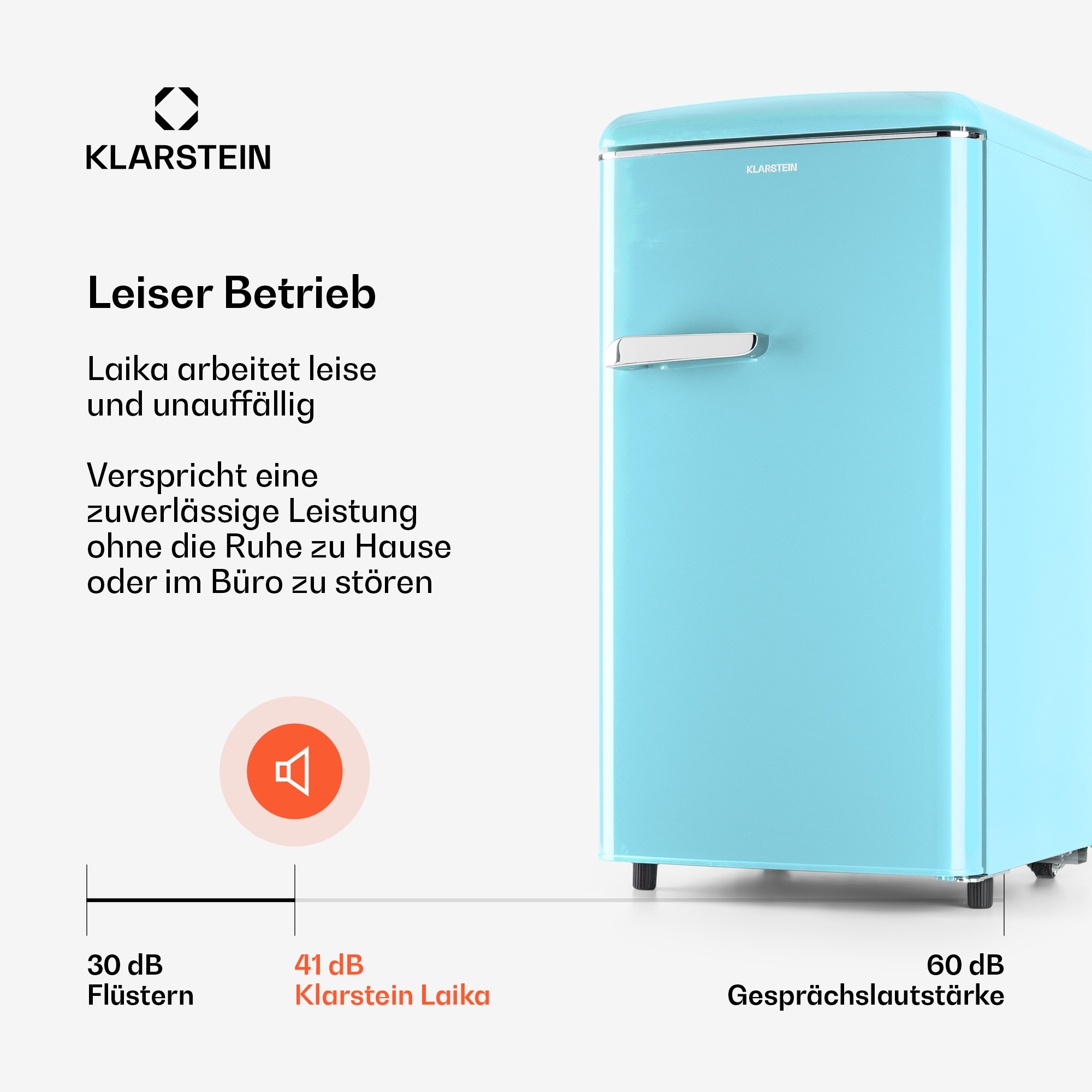 Ein hellblauer Kühlschrank mit dem Klarstein-Logo und Text über leisen Betrieb.