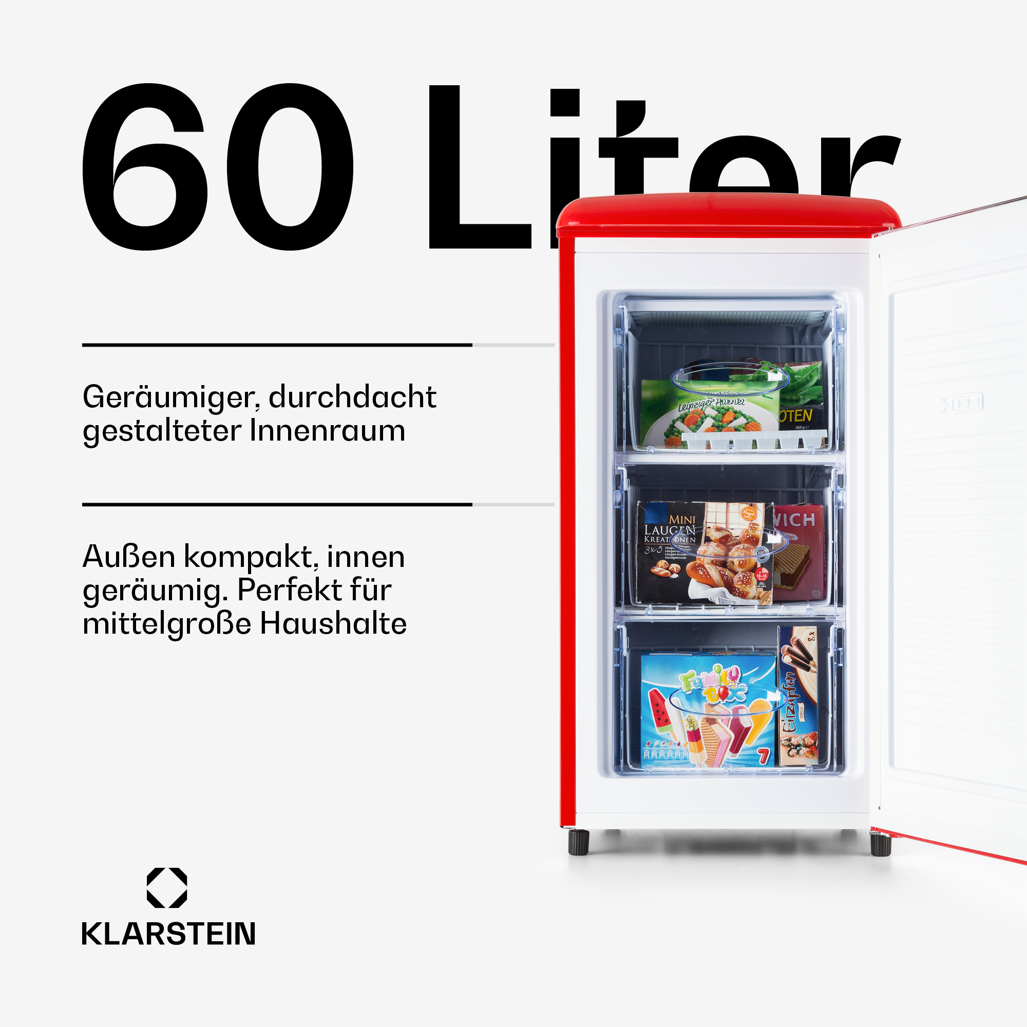 Ein roter Klarstein Gefrierschrank mit 60 Litern Fassungsvermögen, gefüllt mit Lebensmitteln.