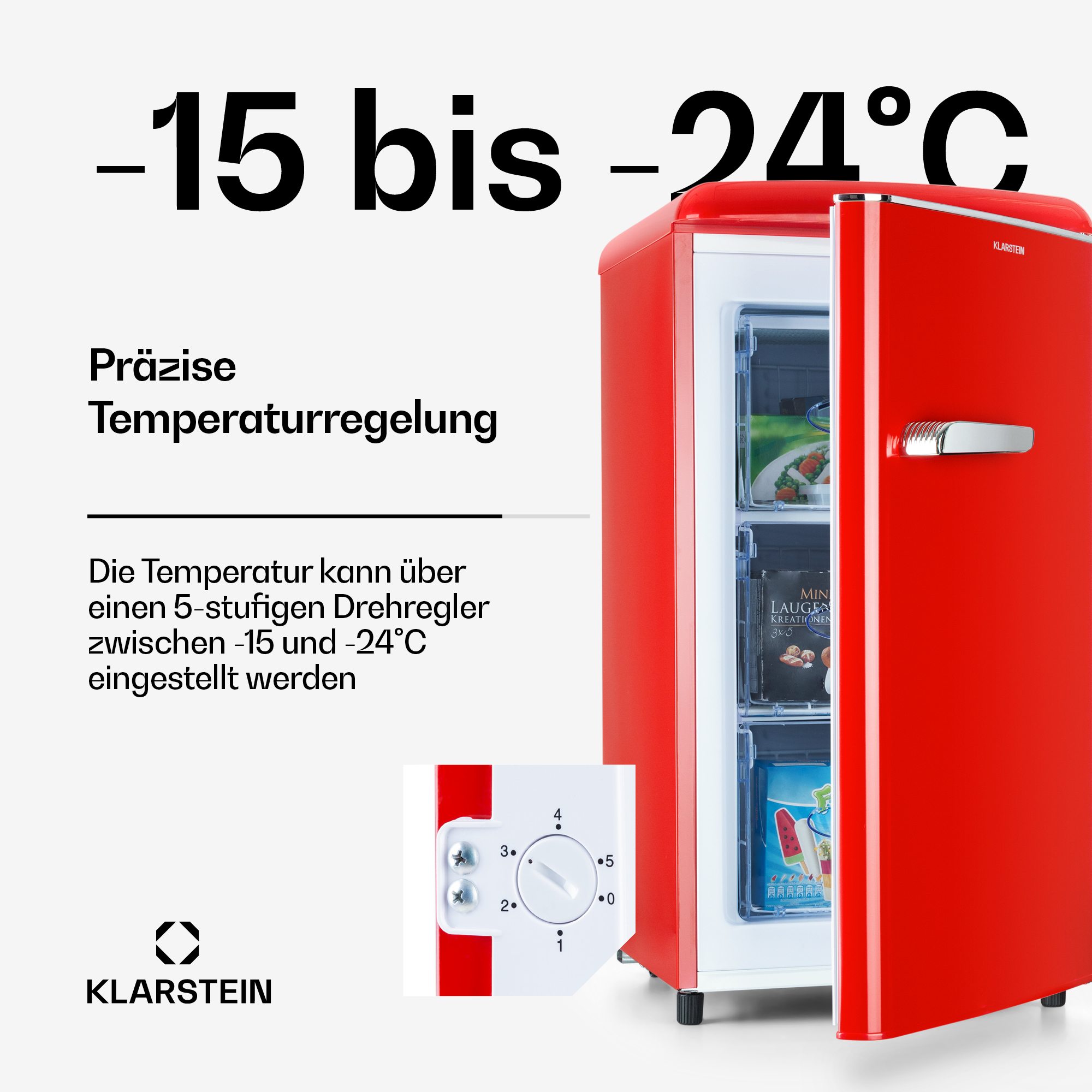 Roter Mini-Kühlschrank mit offenem Fach und Temperaturregler von -15 bis -24°C.