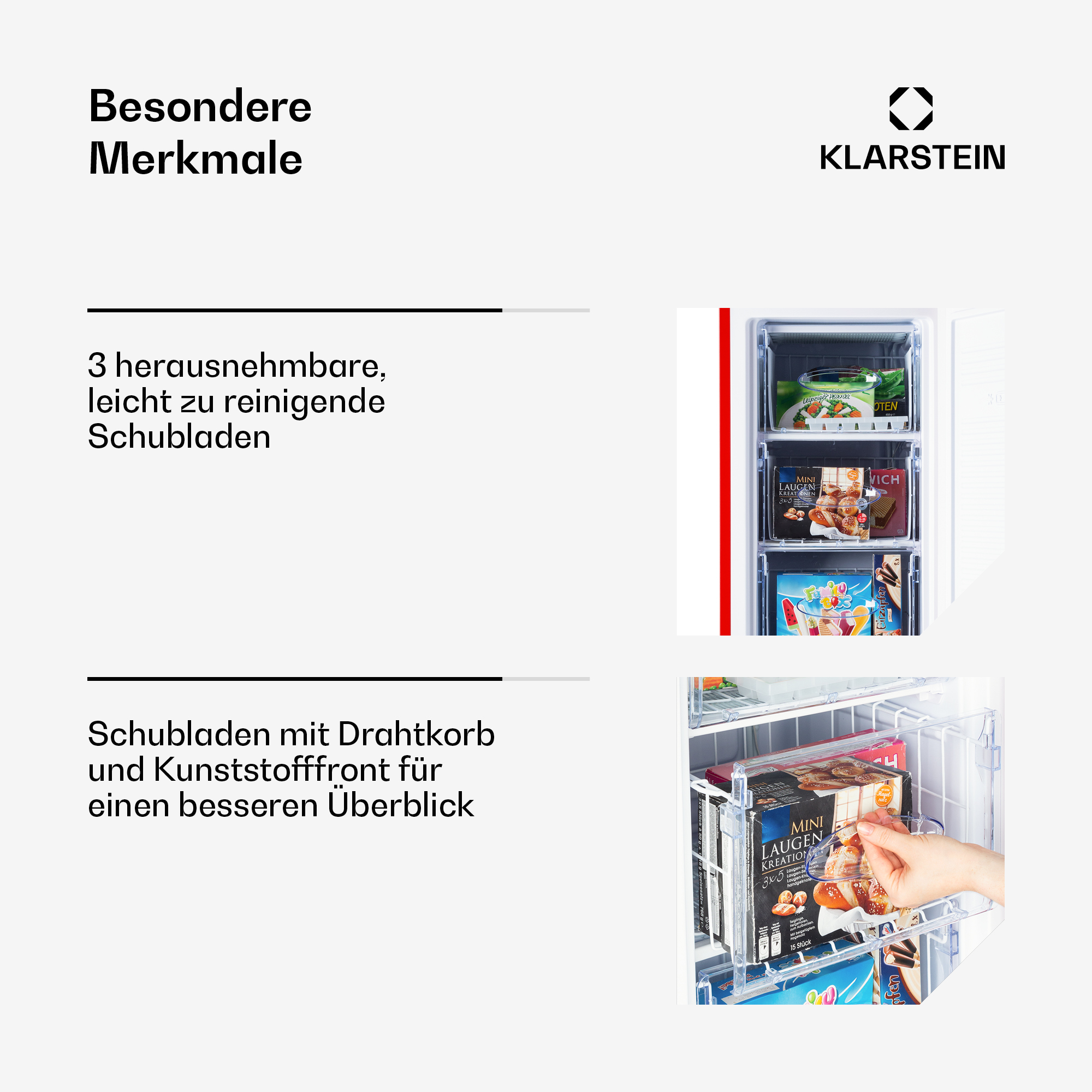 Kühlschrank mit gefüllten Schubladen: Gemüse, Brötchen und Eiscreme.