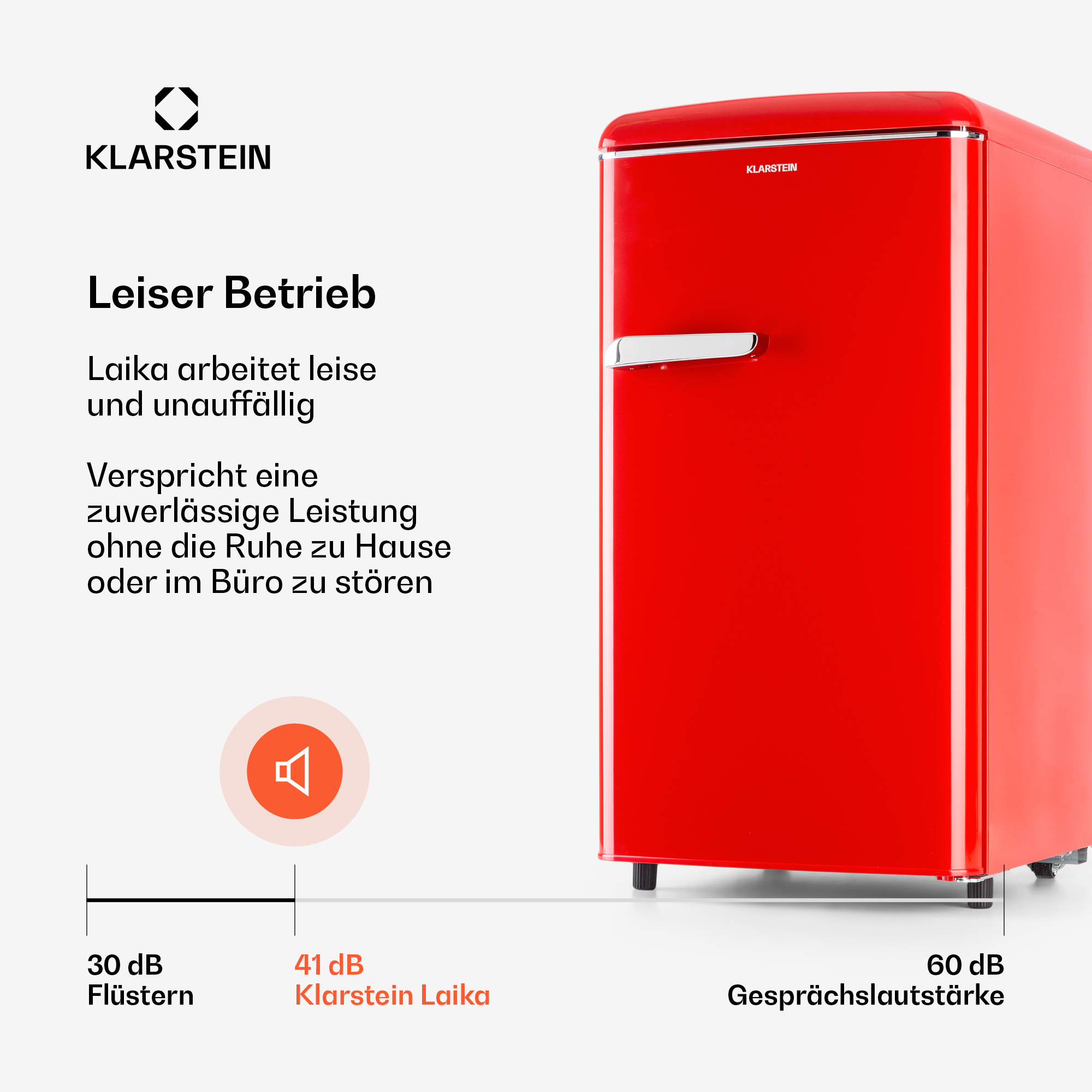 Roter Klarstein Kühlschrank mit Lautstärkenangaben: 30 dB Flüstern, 41 dB Klarstein Laika, 60 dB Gesprächslautstärke.
