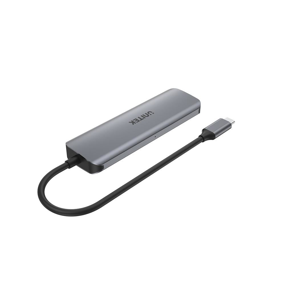 Grauer USB-C-Hub mit schwarzem Kabel und Stecker auf weißem Hintergrund.