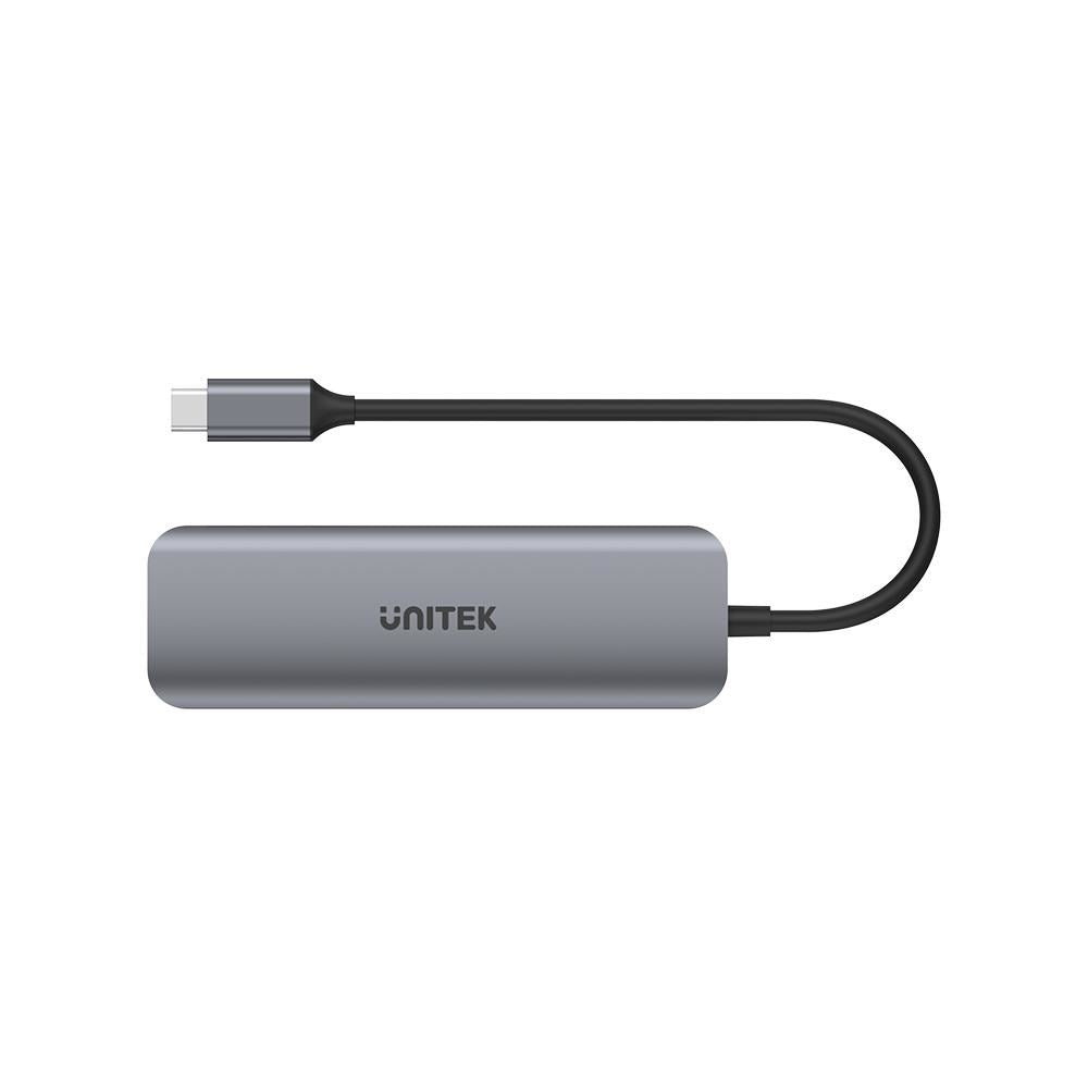 Graue Unitek USB-C-Hub mit kurzem Kabel und Stecker.