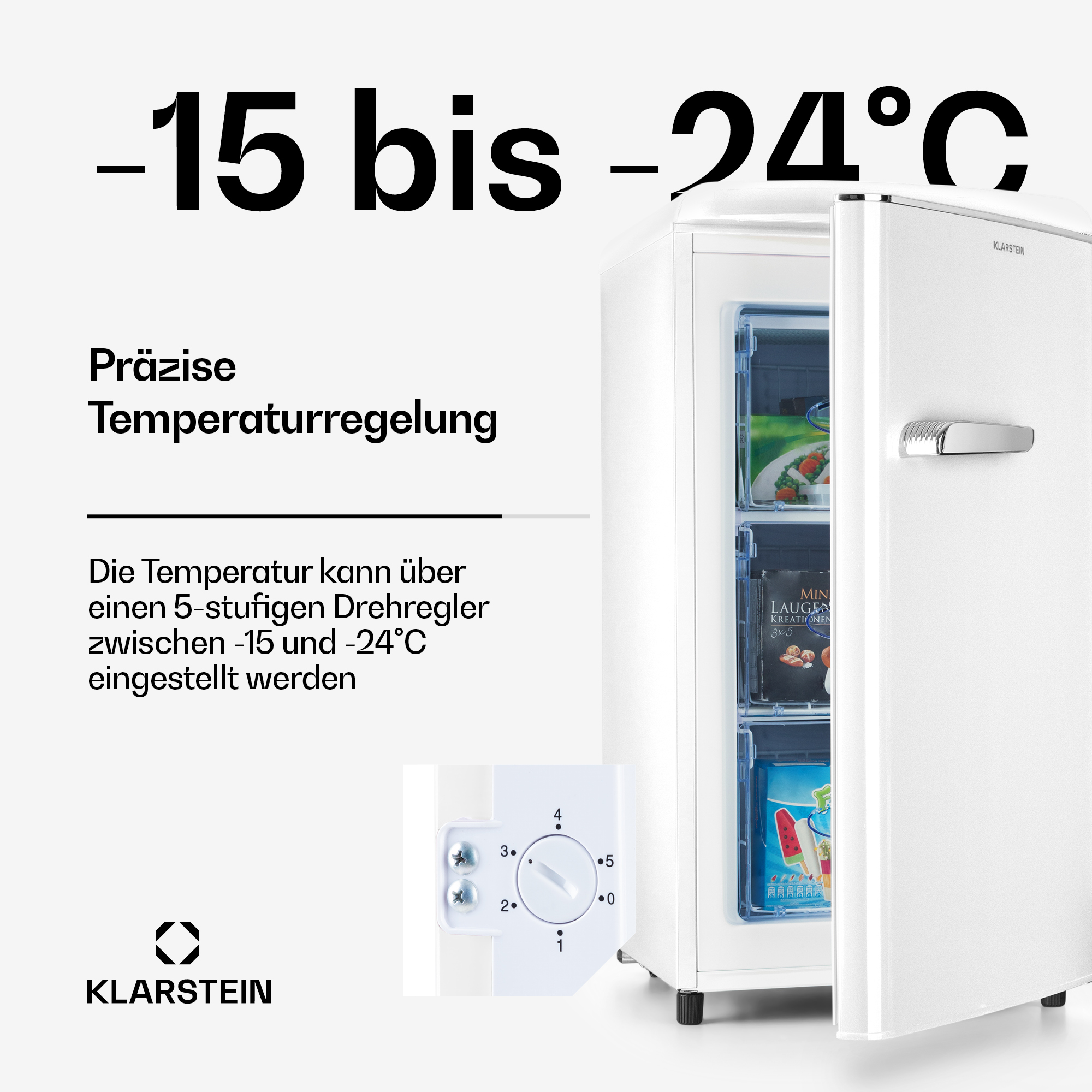 Una nevera Klarstein blanca con compartimento abierto, que enfría de -15 a -24°C.