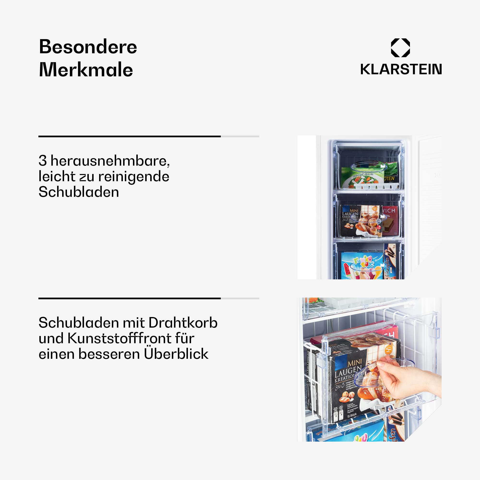 Congelador Klarstein con 3 cajones transparentes llenos de alimentos.
