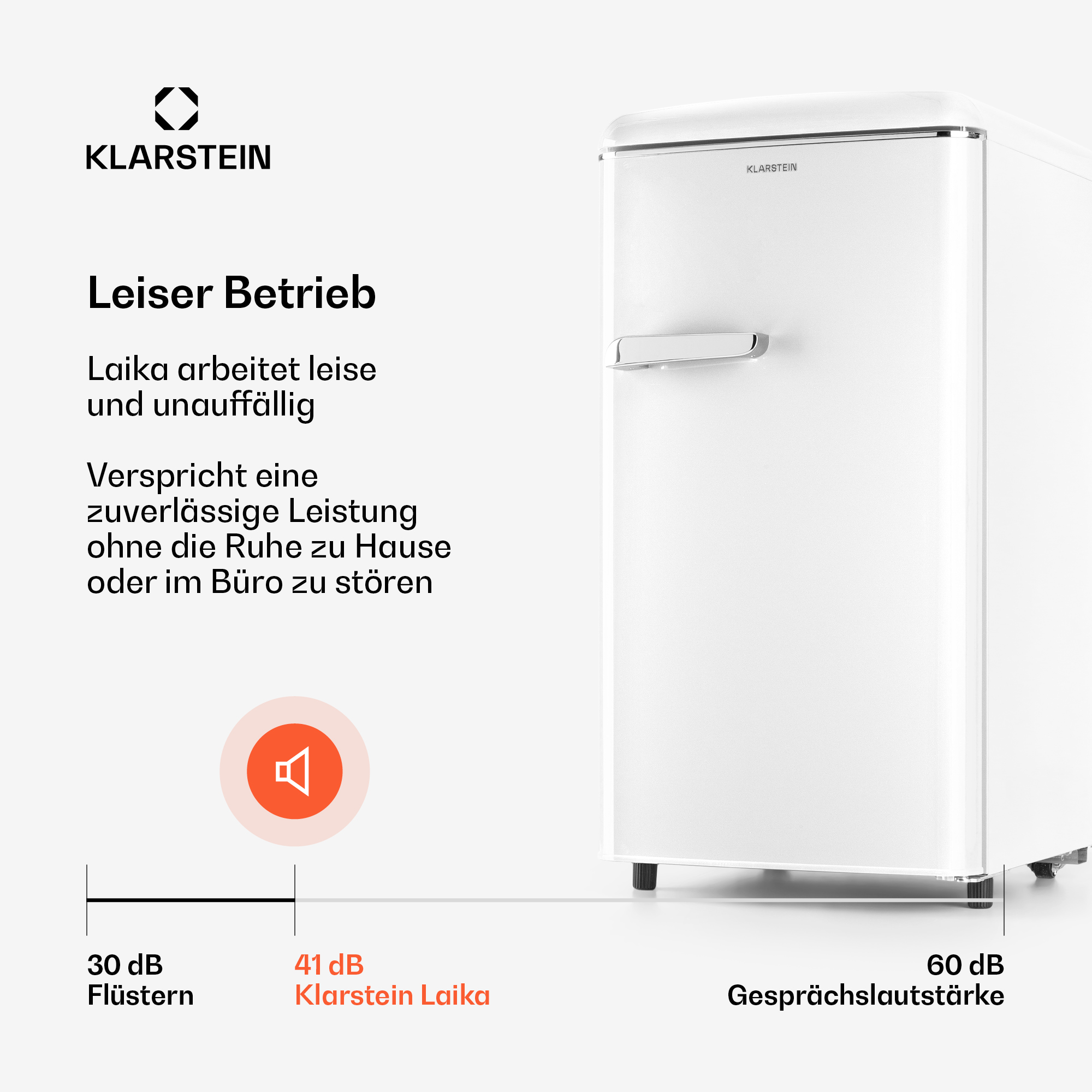 Un frigorífico Klarstein blanco con indicadores de nivel de sonido: 30 dB susurro, 41 dB Klarstein Laika, 60 dB conversación.