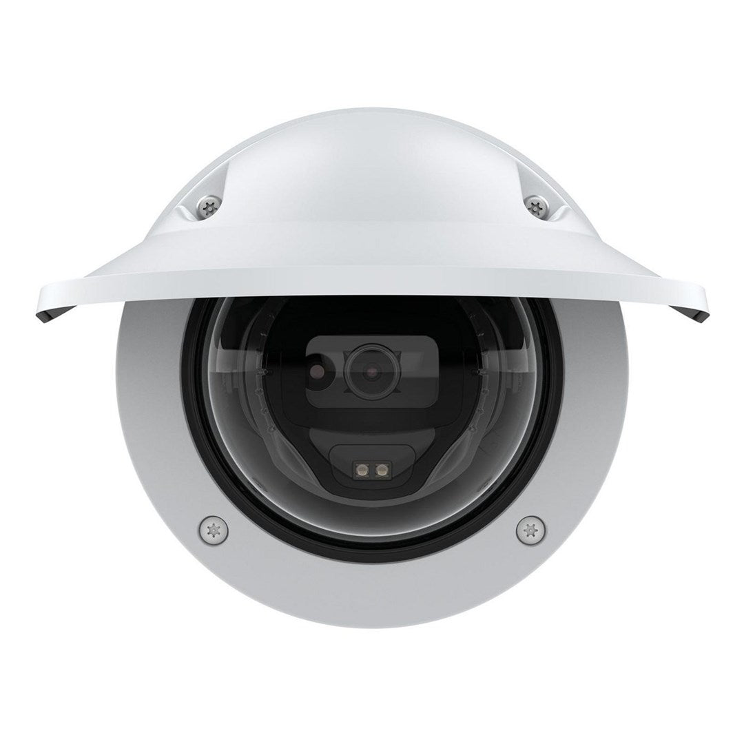 Una telecamera di sicurezza dome bianca con obiettivo grandangolare e LED IR.