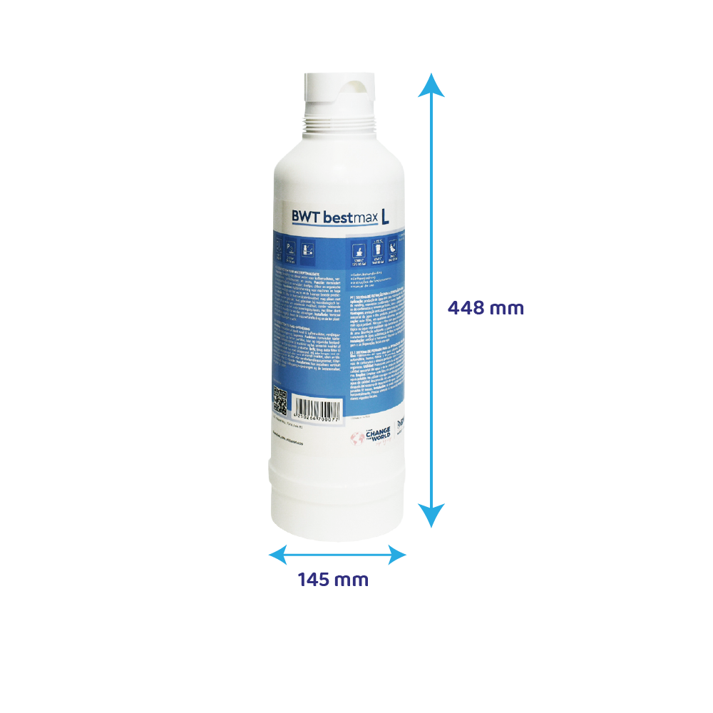 Una cartuccia filtro BWT bestmax L bianca di 448 mm x 145 mm.