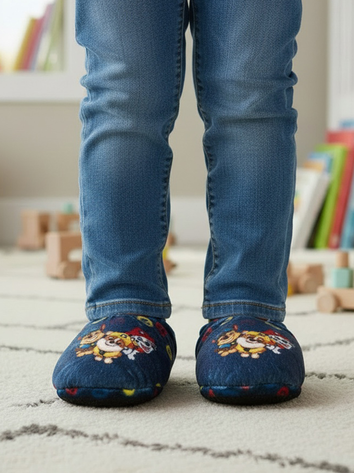 Kind trägt blaue Jeans und Paw Patrol Hausschuhe auf einem Teppich.