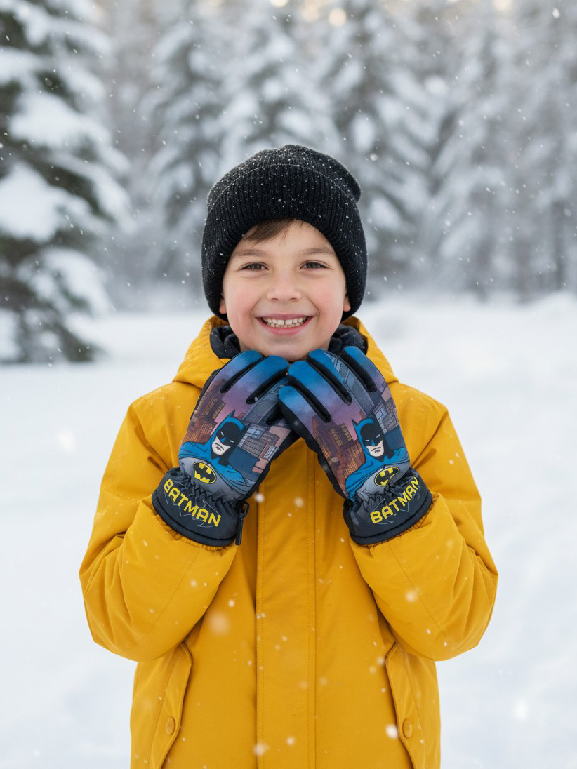 Ein Junge in einem gelben Mantel und schwarzer Mütze mit Batman-Handschuhen im Schnee.