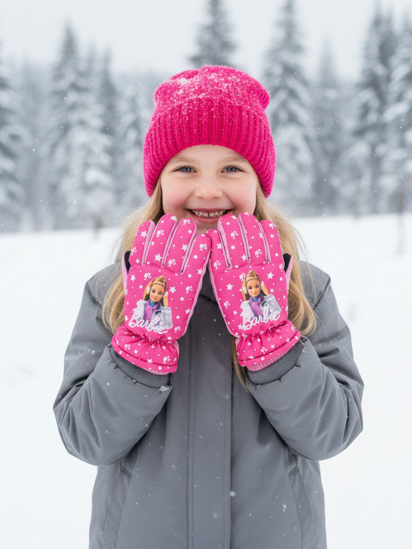 Ein Mädchen in einem rosa Hut und Handschuhen mit Barbie-Motiv im Schnee.
