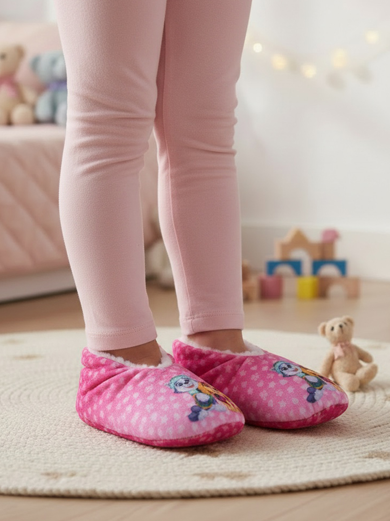 Rosa Hausschuhe mit weißen Punkten und Charakteraufdruck für Kinder auf einem Teppich.