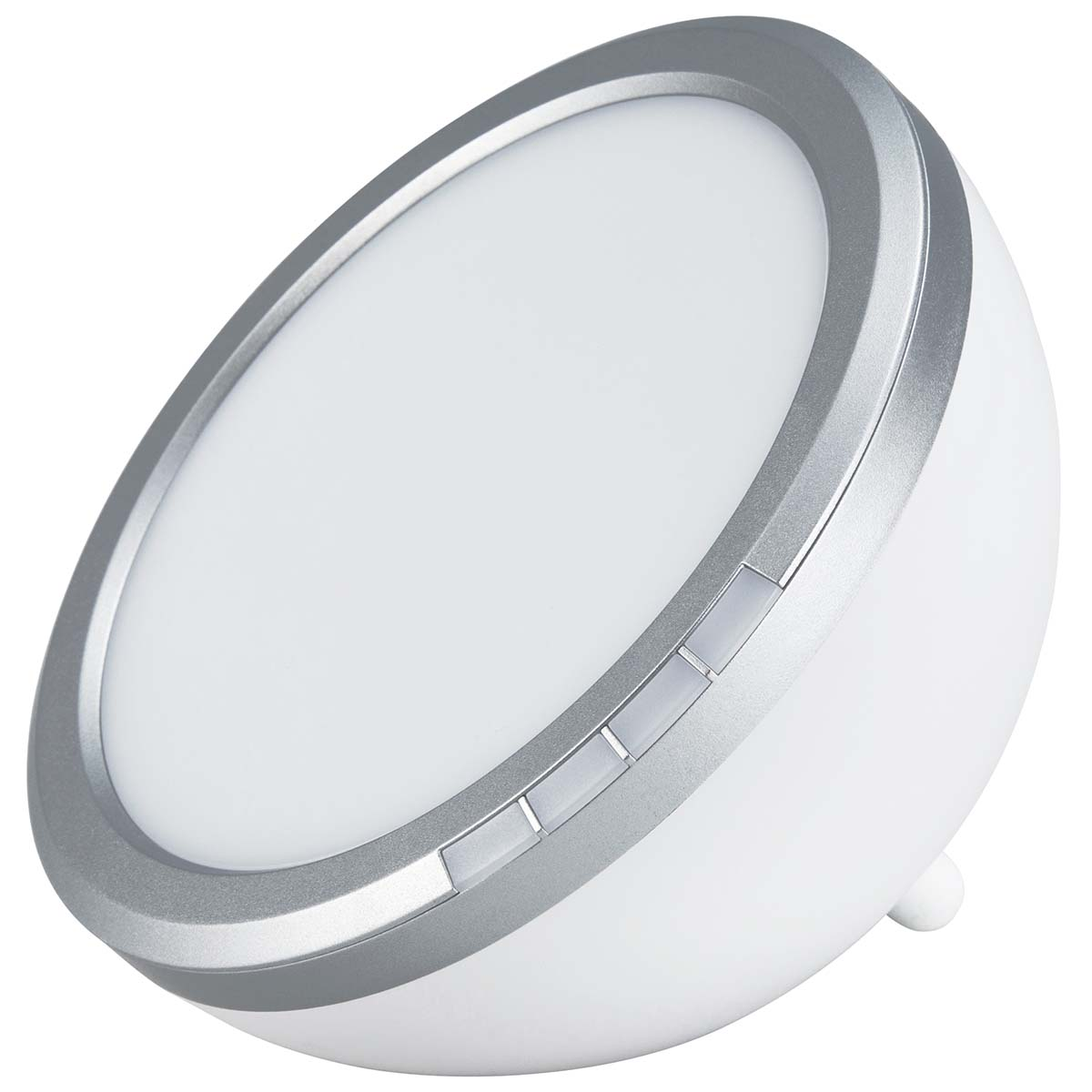 Eine weiße Wecklampe mit silbernem Ring und vier Touch-Tasten.