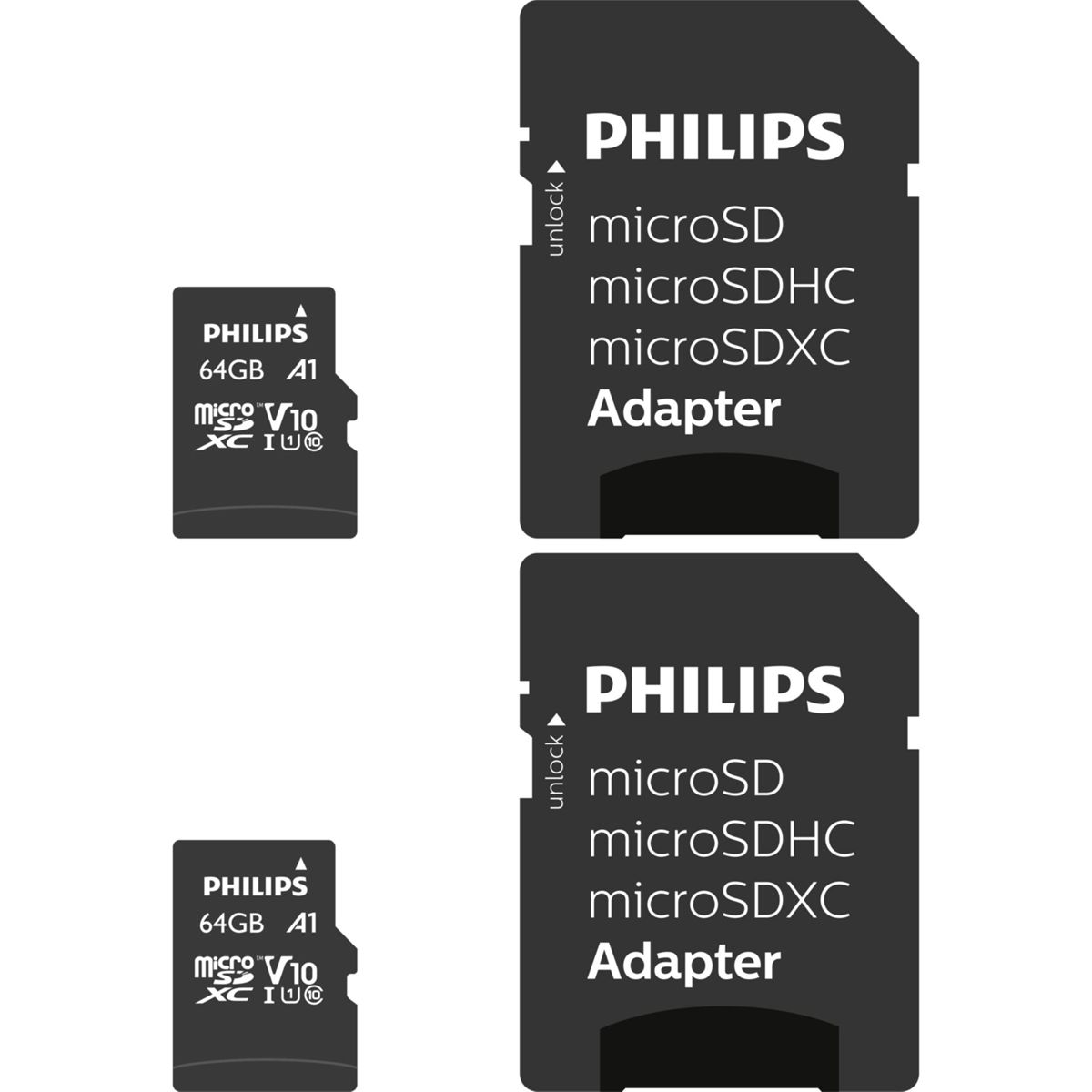 Zwei Philips microSD-Adapter und zwei 64GB microSD-Karten.
