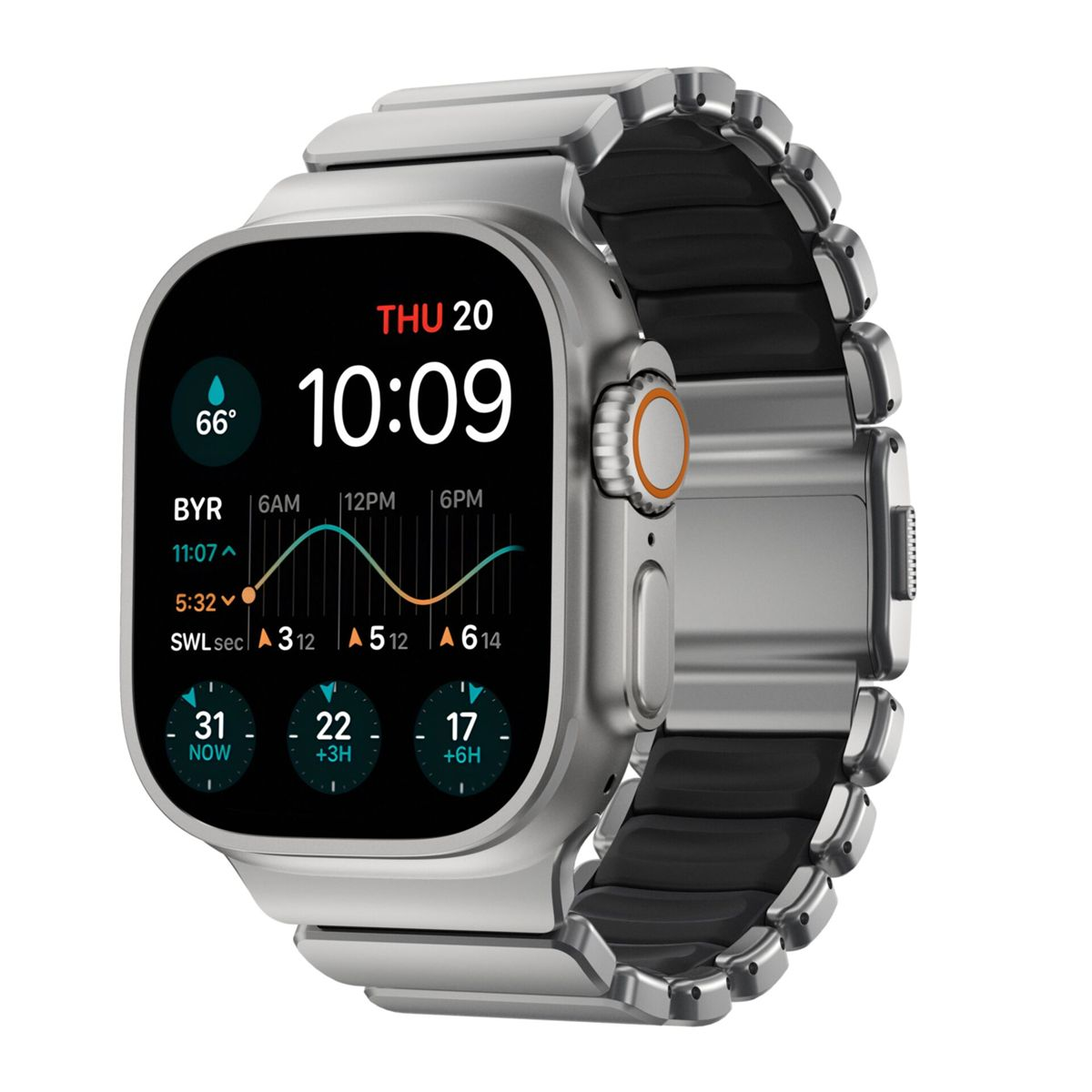 Uno smartwatch argentato con quadrante nero che mostra le 10:09.