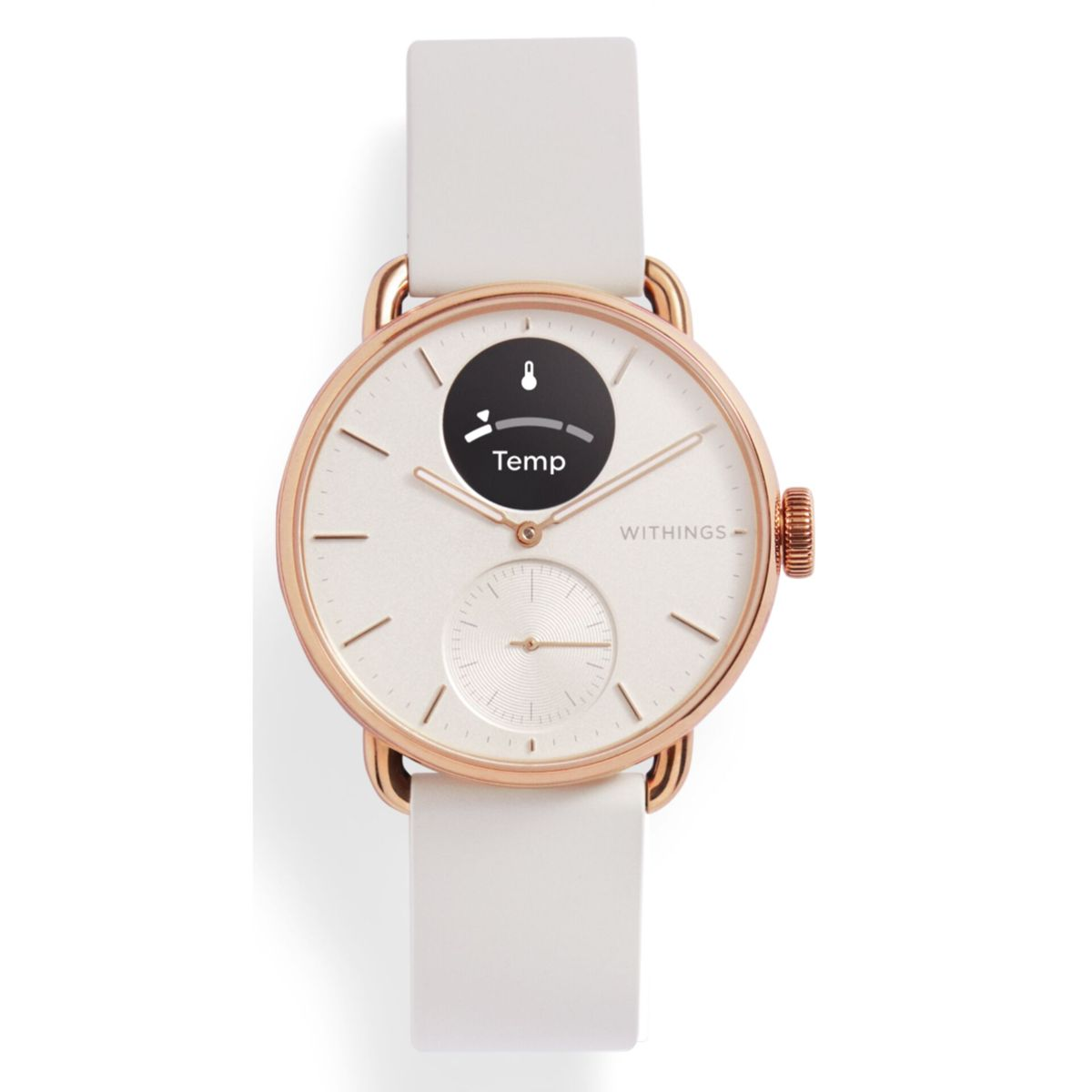 Biały smartwatch z kopertą w kolorze różowego złota pokazujący temperaturę.