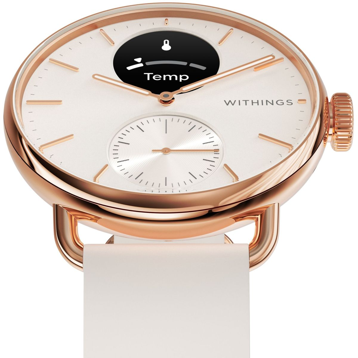 Biały smartwatch z kopertą w kolorze różowego złota i białym paskiem. Tarcza wyświetla temperaturę.