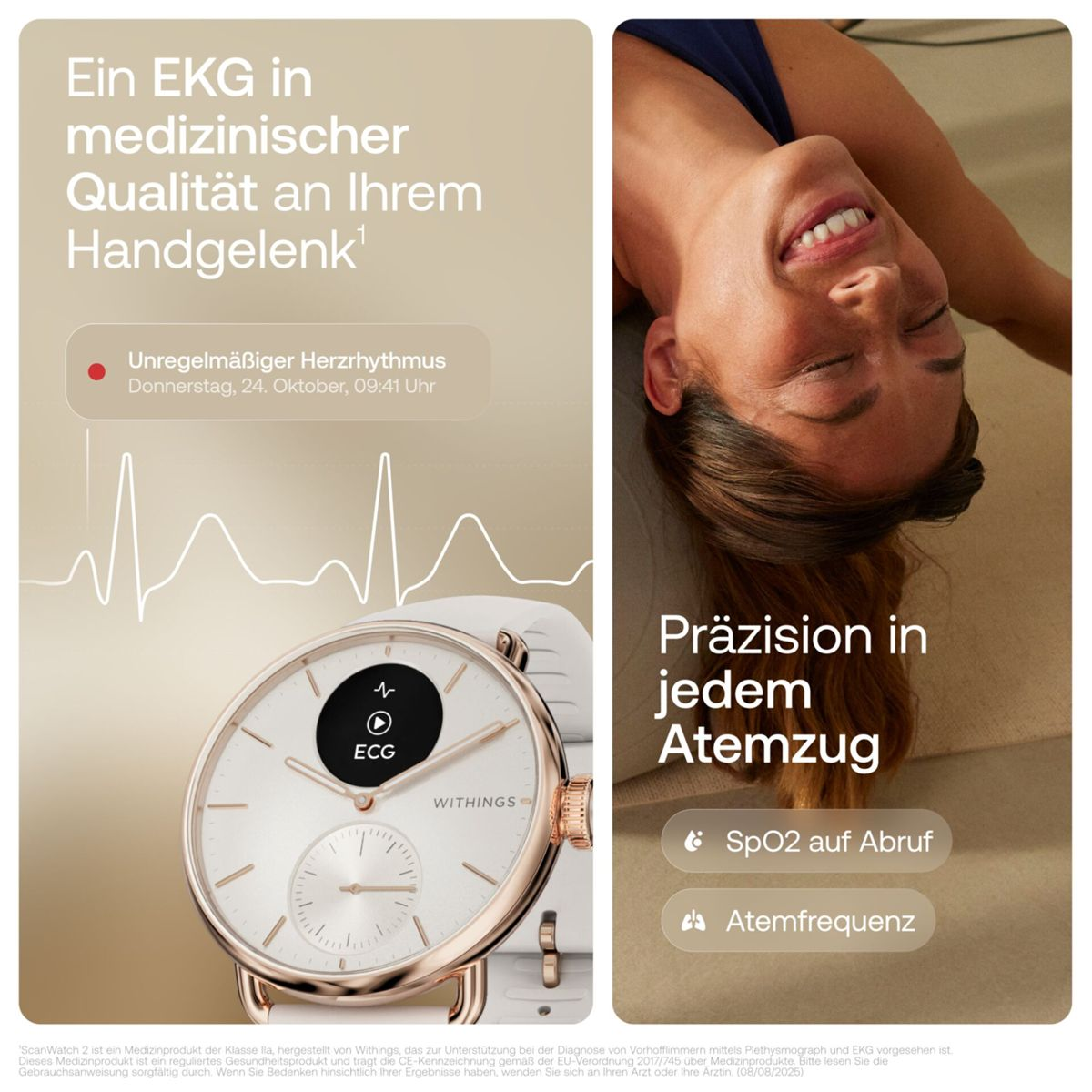 Smartwatch z funkcją EKG i kobieta w pozie jogi. Rytm serca i dane oddechowe.