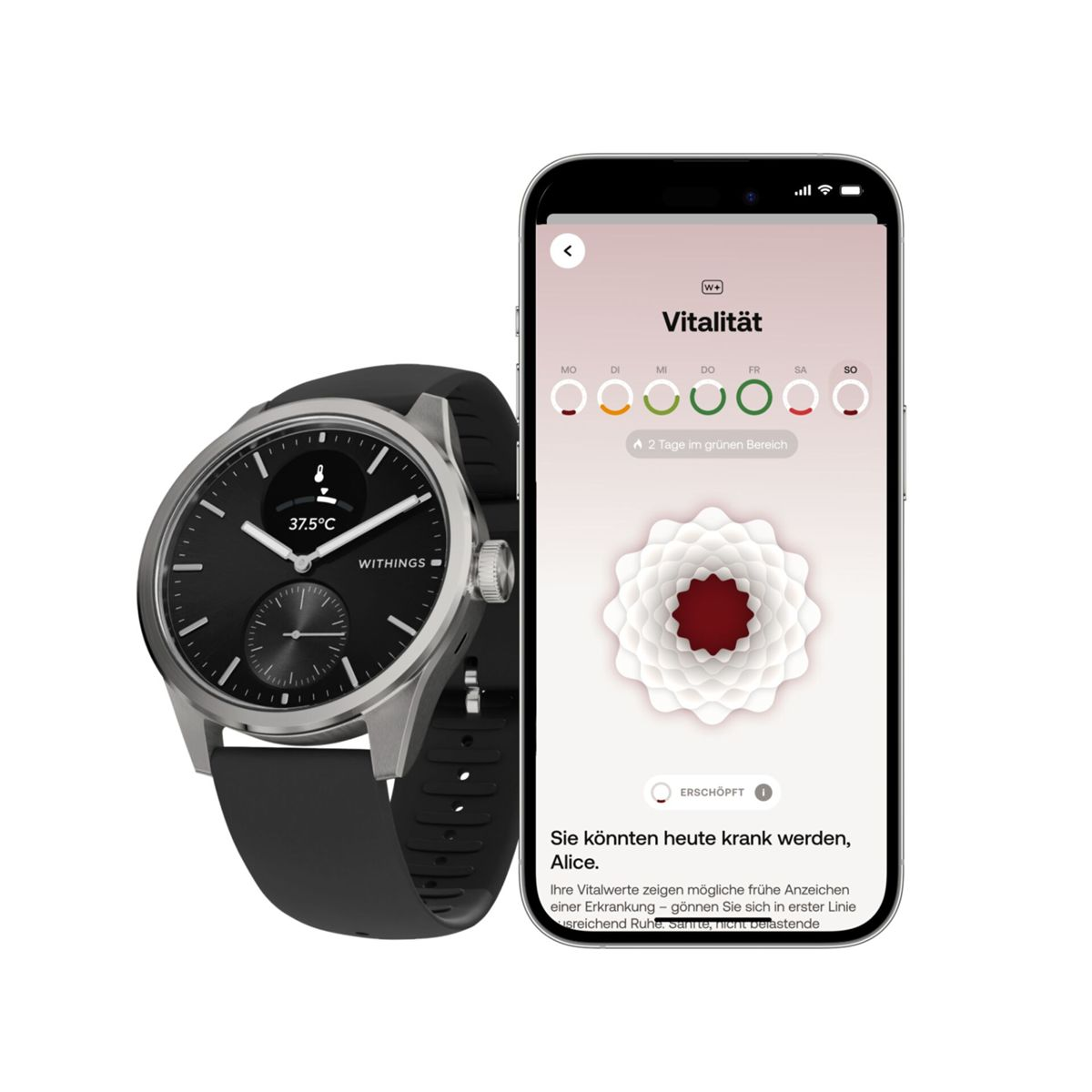 Un reloj inteligente muestra 37.5°C y un teléfono muestra datos de vitalidad.
