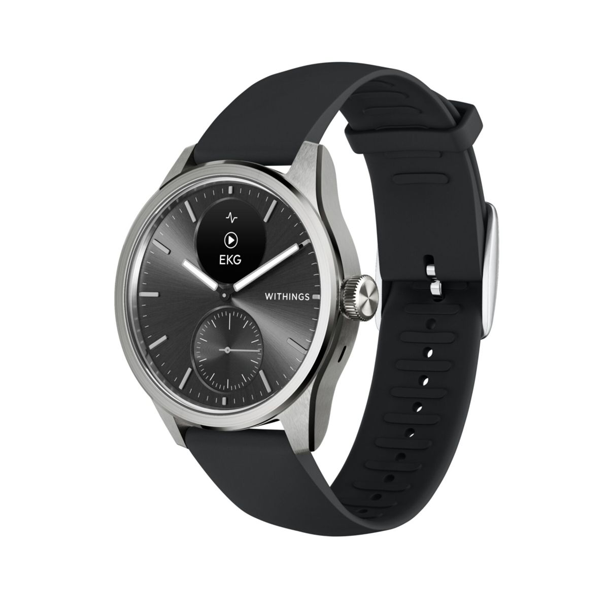 Un reloj inteligente gris con banda negra y pantalla EKG.