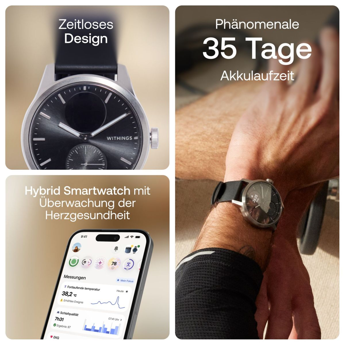Un diseño de smartwatch híbrido con primer plano de un reloj, teléfono y muñeca.