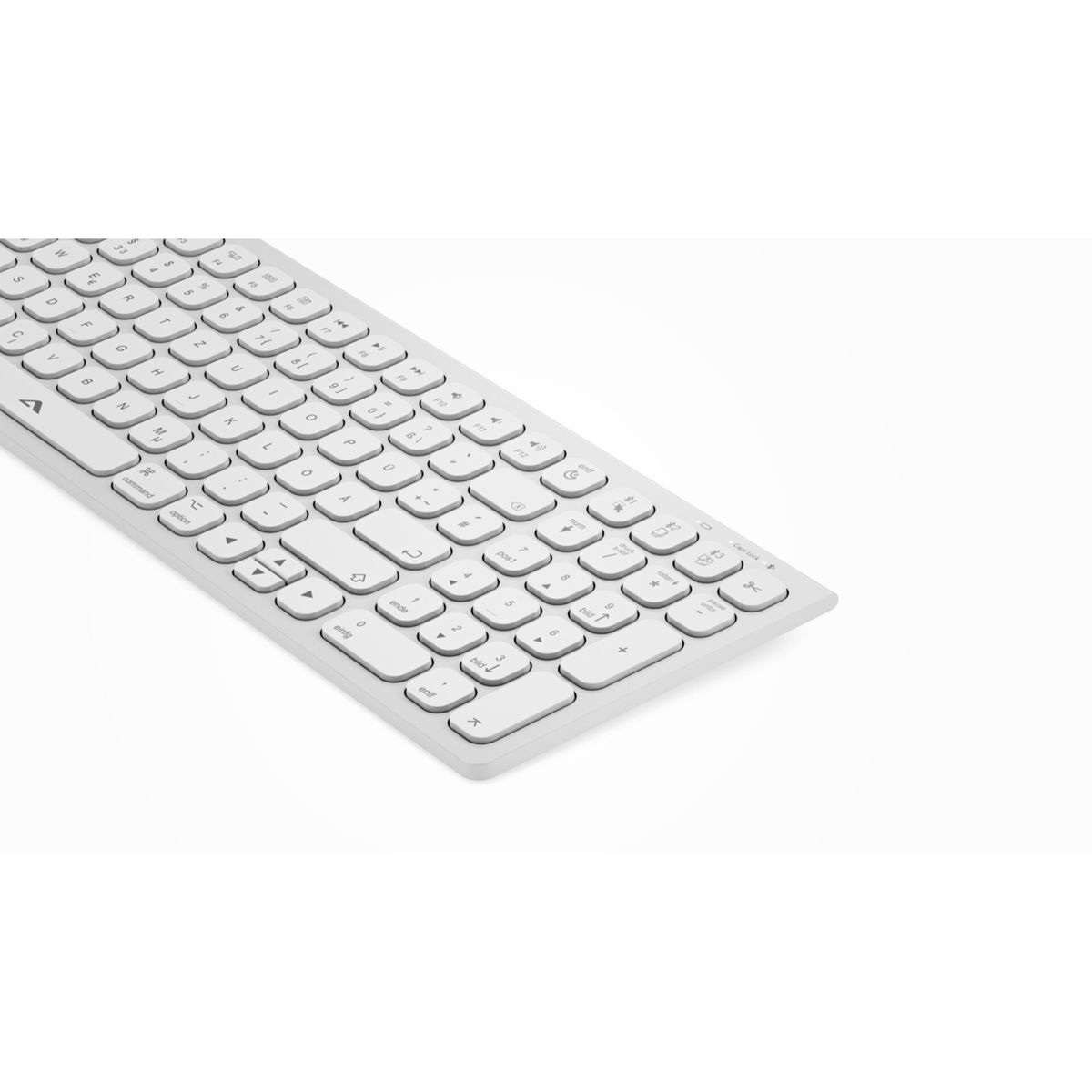 Eine weiße Tastatur mit Fokus auf die rechte Seite und die Tasten.