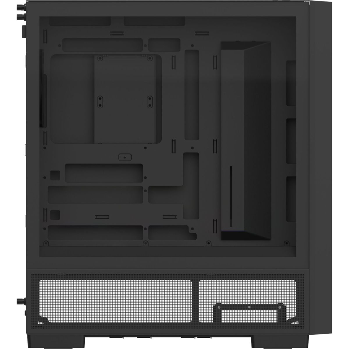 Schwarzes Computergehäuse-Interieur mit Montagepunkten und einem Netzboden.
