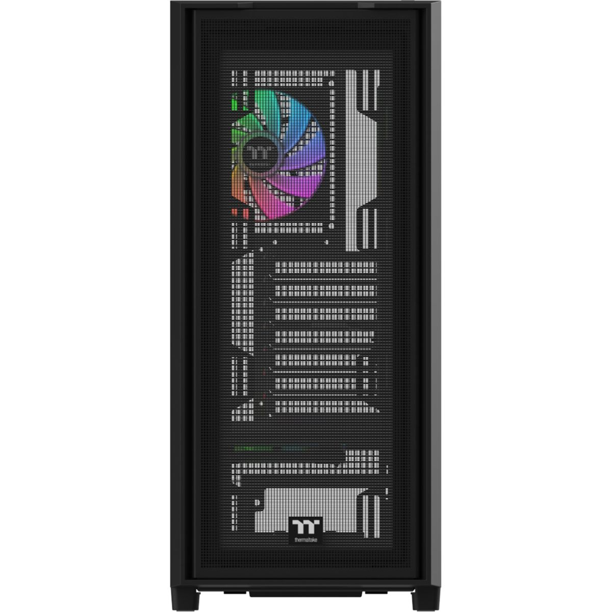 Schwarzes PC-Gehäuse mit Lüfter mit Regenbogenbeleuchtung und Thermaltake-Logo.