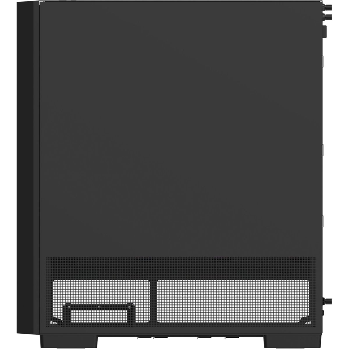 Ein schwarzes Computergehäuse mit Lüftungsschlitzen unten.