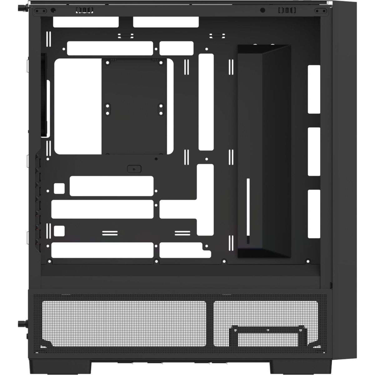 Innenansicht eines schwarzen Computergehäuses mit offenen Seitenwänden und Lüftungsschlitzen.