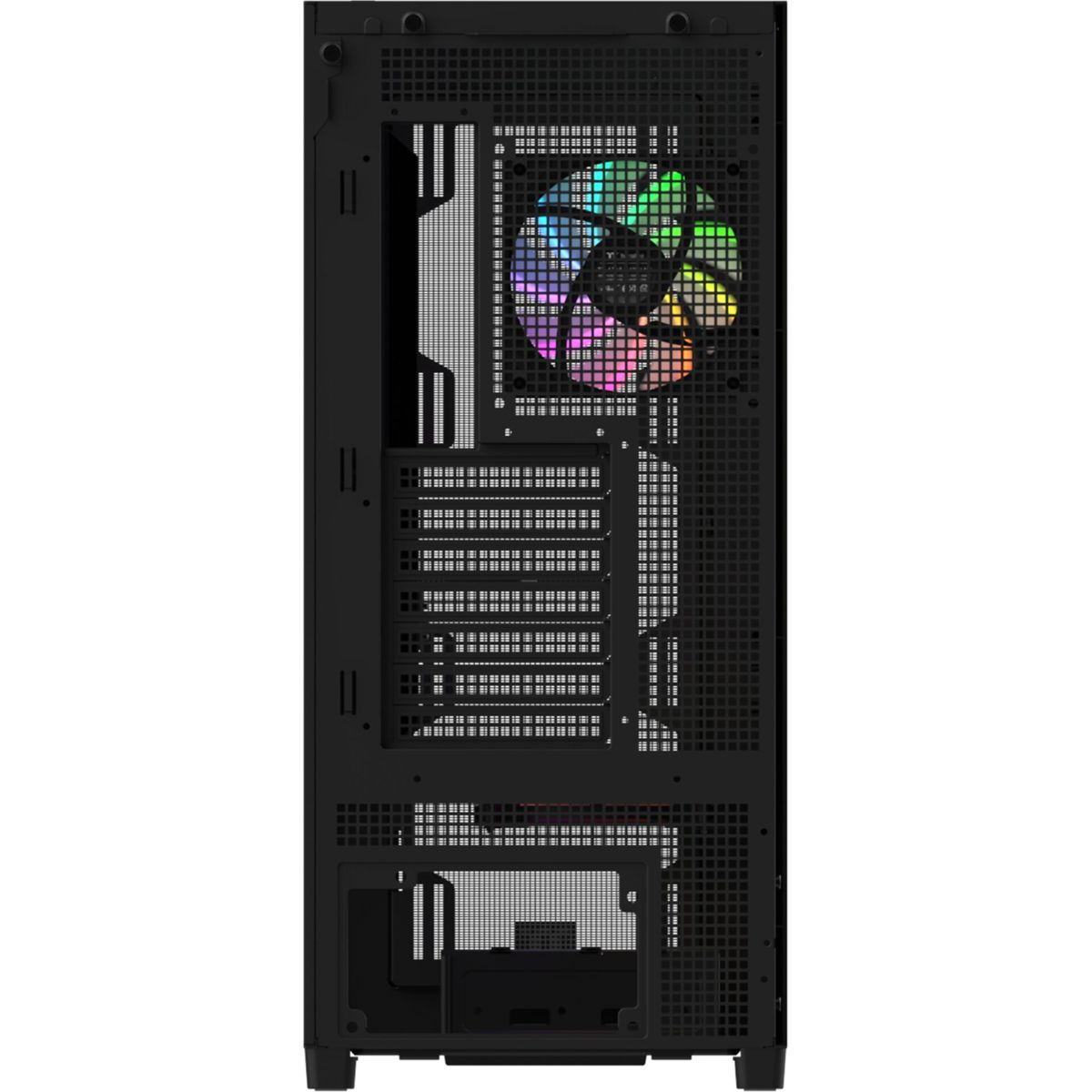 Ein schwarzes Computergehäuse mit RGB-Lüfter.