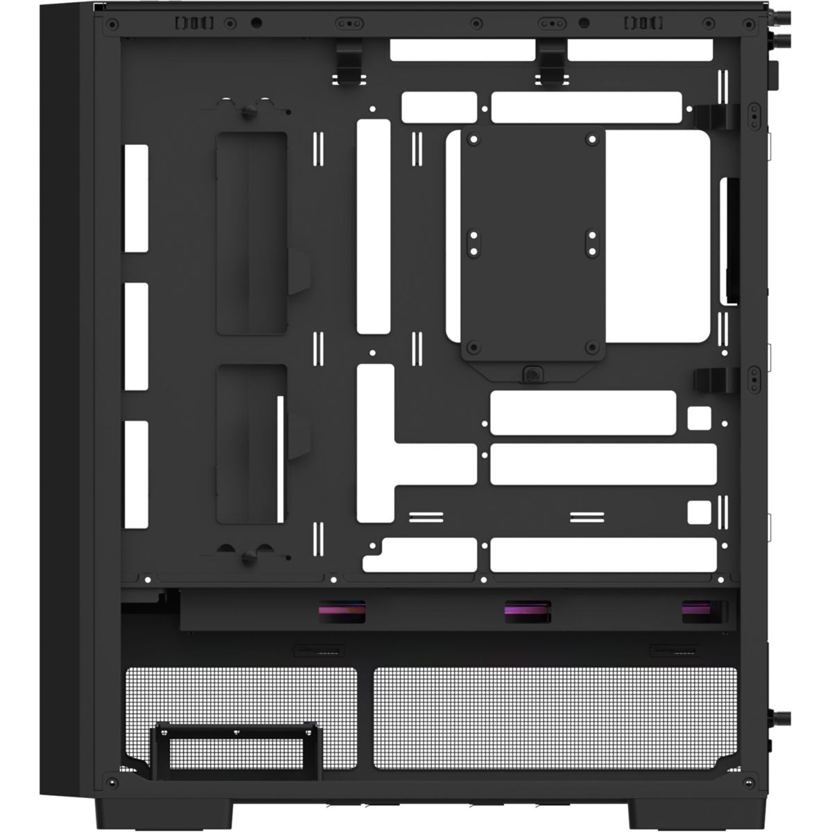 Schwarzes Computergehäuse-Interieur mit Befestigungspunkten und Lüftungslöchern.