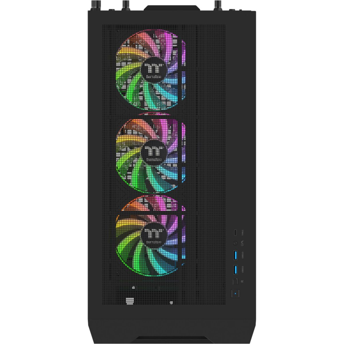 Schwarzes PC-Gehäuse mit drei RGB-Lüftern vorne und Anschlüssen rechts.