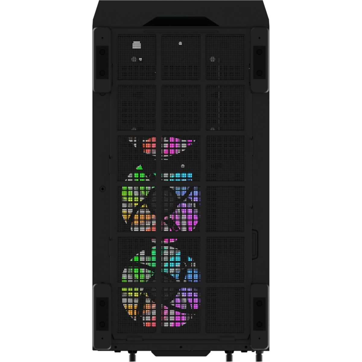 Schwarzes Computergehäuse mit bunten RGB-Lüftern von vorne gesehen.