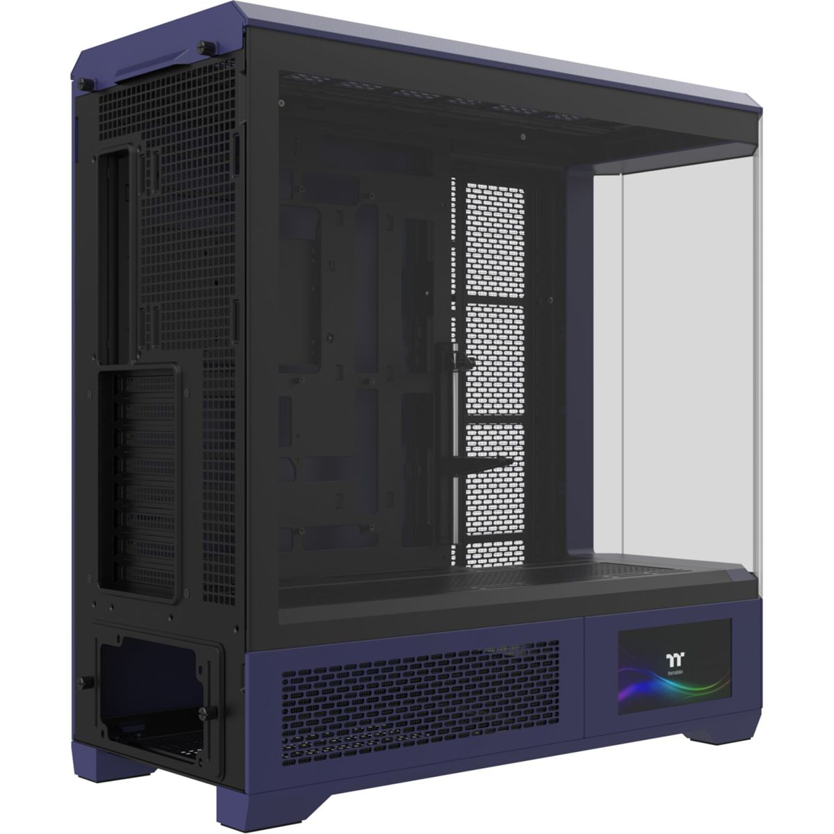 Ein dunkelblauer PC-Gehäuse mit Glasfront und perforierten Seiten.