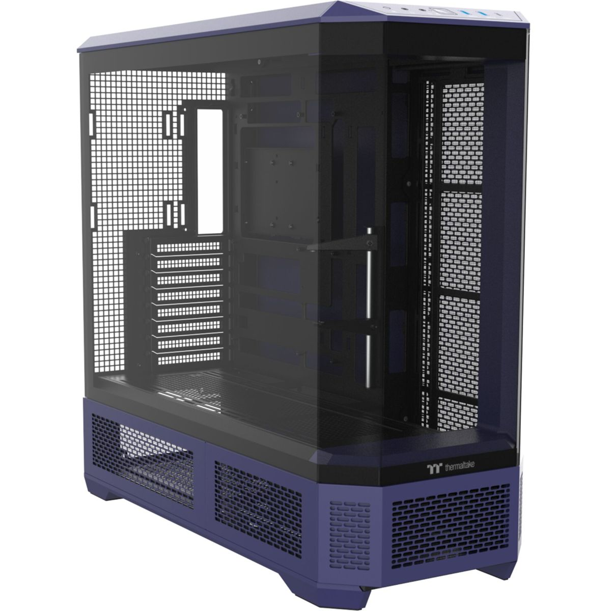 Ein violetter Computergehäuse mit Glasfront und Lüftungsschlitzen.